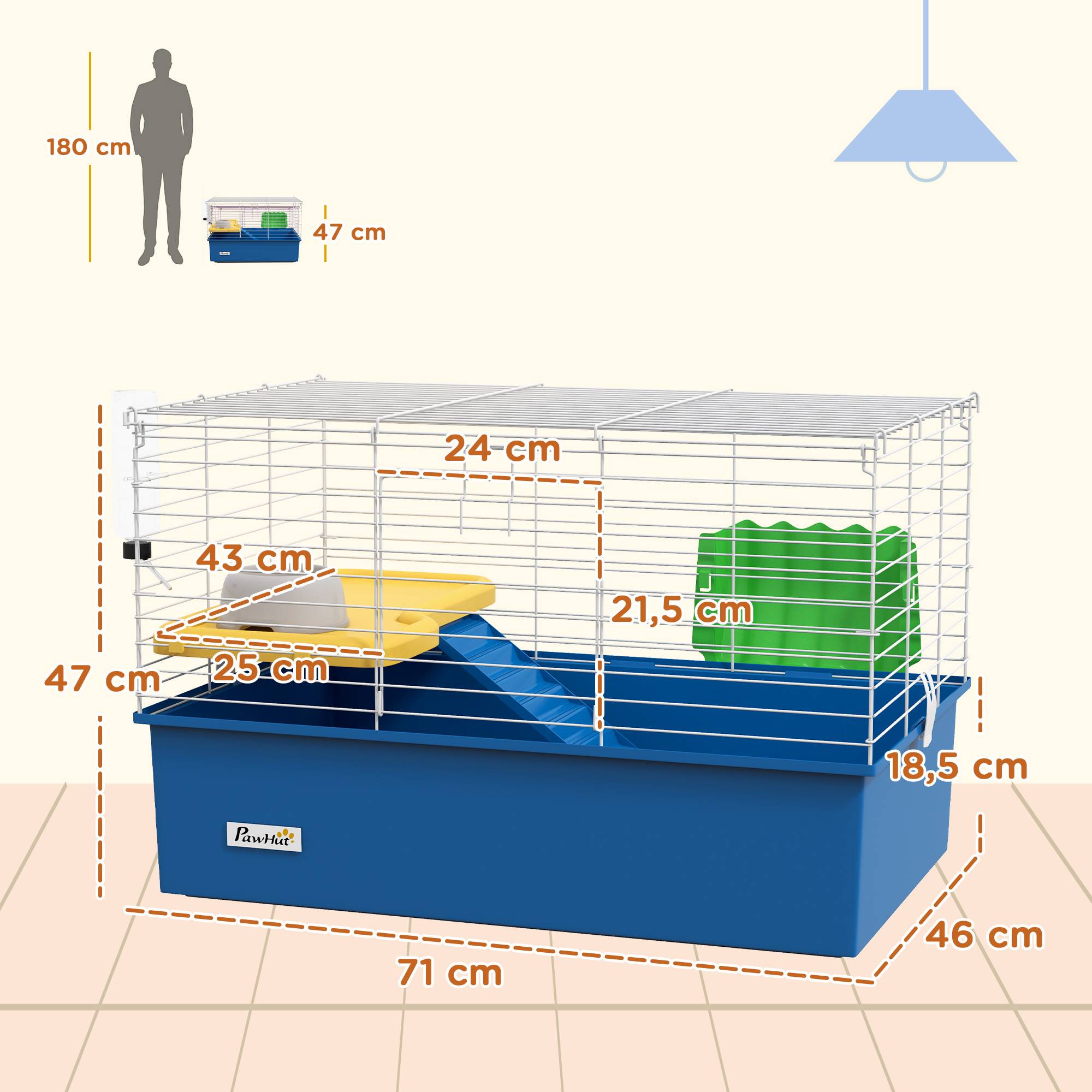 Enclos pour petits animaux (lapins, chinchillas, cochons d'Inde) avec plateau et rampe, 71 x 46 x 47 cm, bleu - Image 5