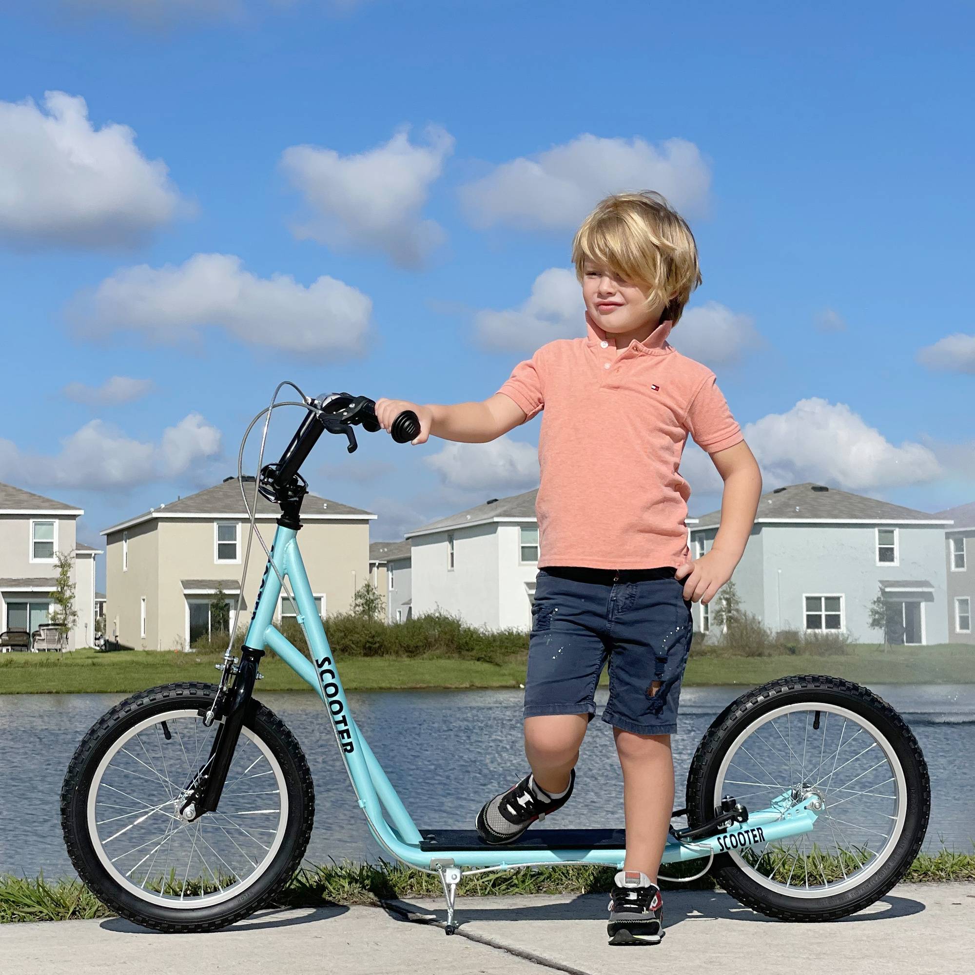 Trottinette Enfant dès 5 Ans avec Grands Pneus en Caoutchouc, Guidon Réglable, Frein et Béquille, Bleu - Image 2