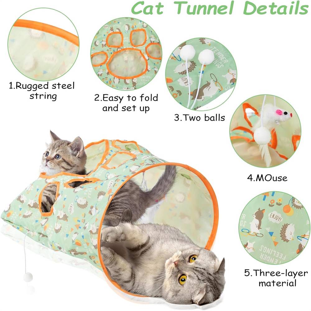 Tunnel pliable pour chat, livré avec balles et souris en peluche, cadre en acier flexible Lytech - Image 3