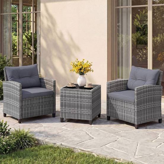 Salon de Jardin 3 Pièces Chaises en Rotin PE Table Basse avec Plateau en Verre Coussins Amovibles Gris MAISON CHIC - Image 3
