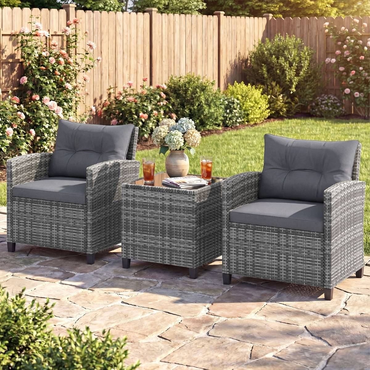 Salon de Jardin 3 Pièces Chaises en Rotin PE Table Basse avec Plateau en Verre Coussins Amovibles Gris MAISON CHIC - Image 2