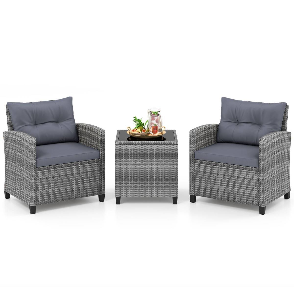 Salon de Jardin 3 Pièces Chaises en Rotin PE Table Basse avec Plateau en Verre Coussins Amovibles Gris MAISON CHIC - Image 1