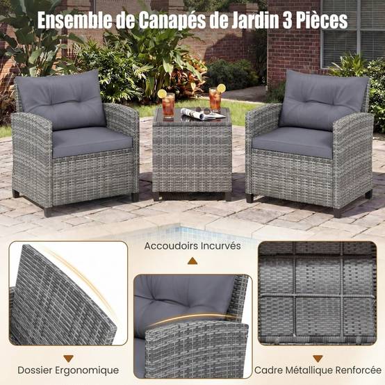 Salon de Jardin 3 Pièces Chaises en Rotin PE Table Basse avec Plateau en Verre Coussins Amovibles Gris MAISON CHIC - Image 6