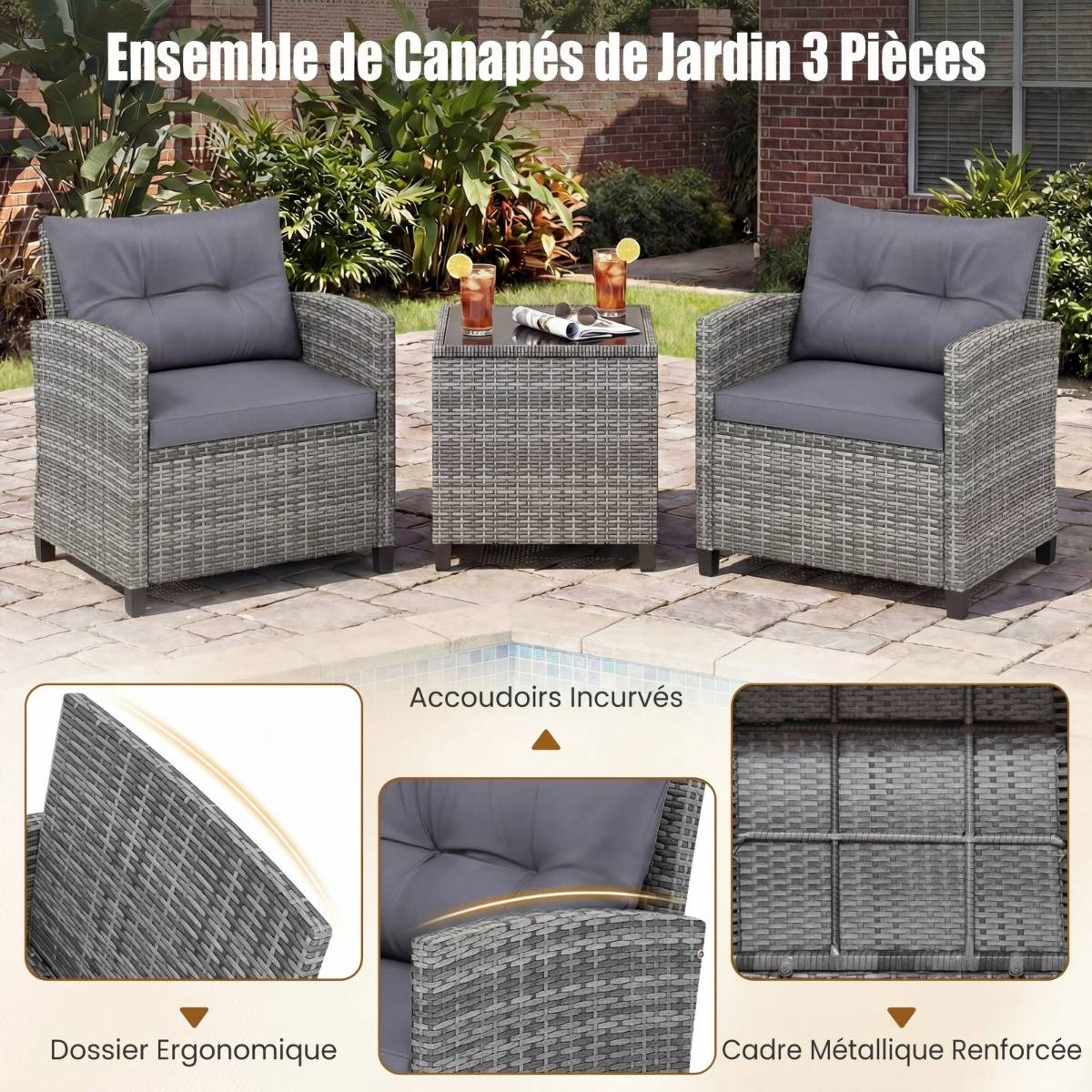 Salon de Jardin 3 Pièces Chaises en Rotin PE Table Basse avec Plateau en Verre Coussins Amovibles Gris MAISON CHIC - Image 6