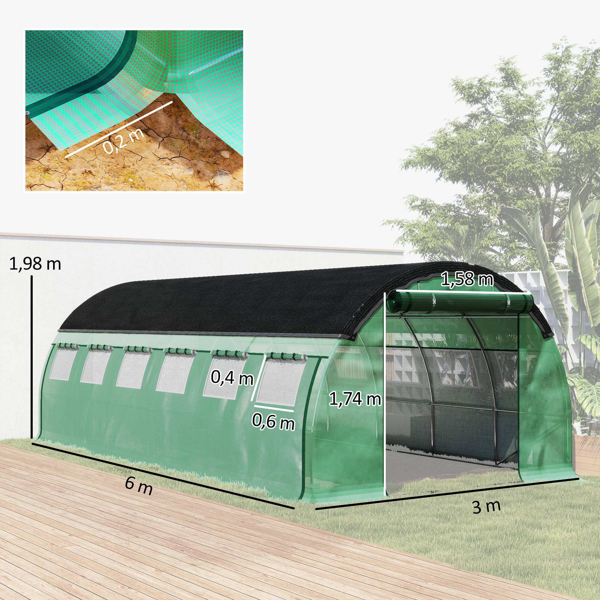 Polytunnel 6 x 3 x 2 m, filet d'ombrage, parois enroulables, bâche plastique, cadre acier, Vert - Image 5