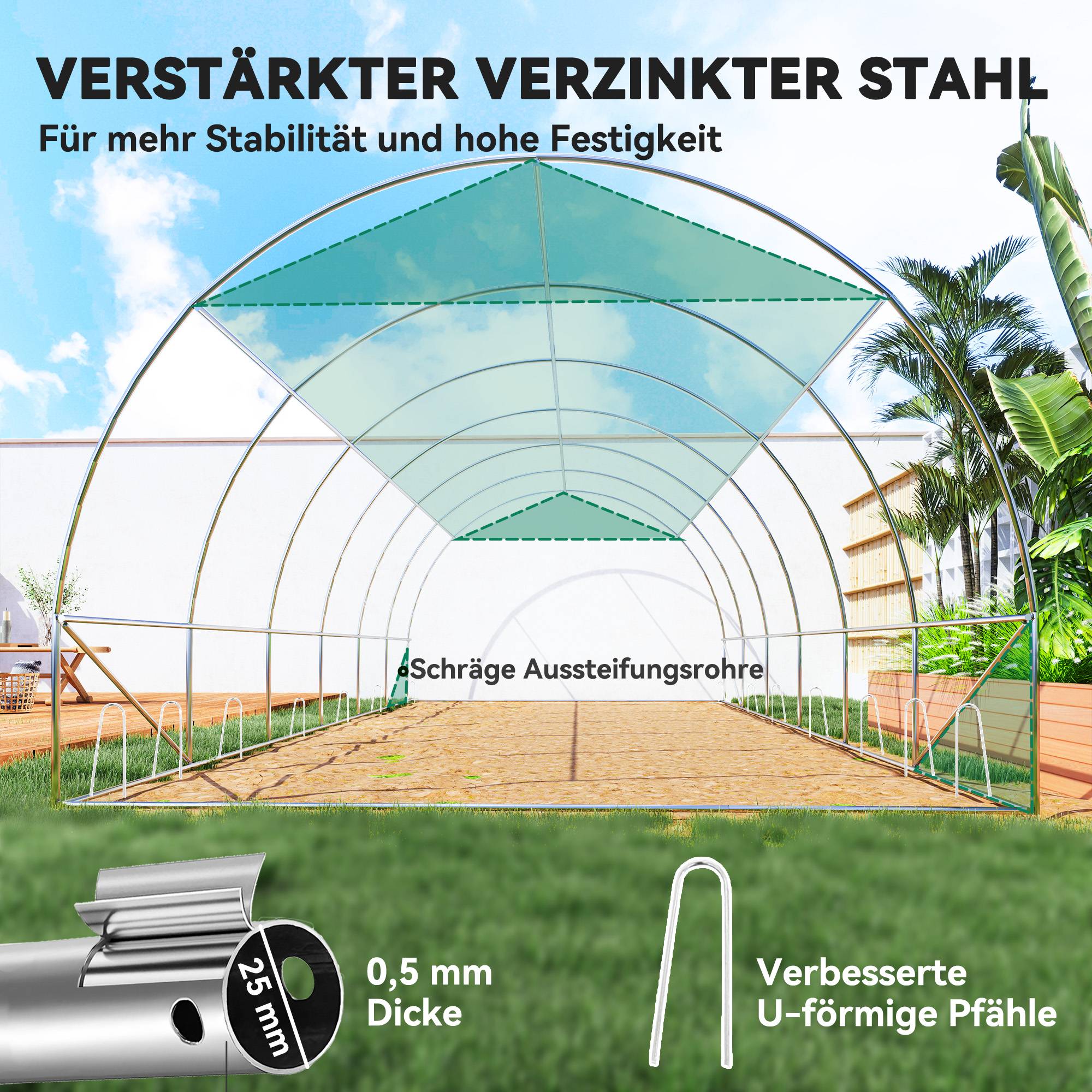 Polytunnel 6 x 3 x 2 m, filet d'ombrage, parois enroulables, bâche plastique, cadre acier, Vert - Image 9