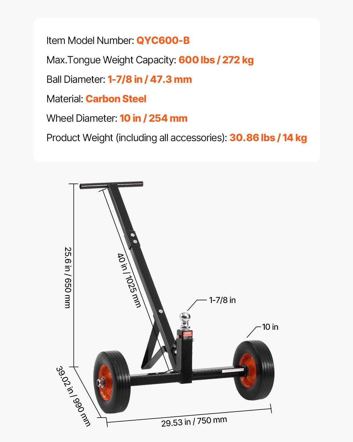Vevor - VEVOR Chariot remorque, charge 272kg. Hauteur réglable, boule 47.3mm, pneus pleins. Pour camping-car, bateau. - Image 7