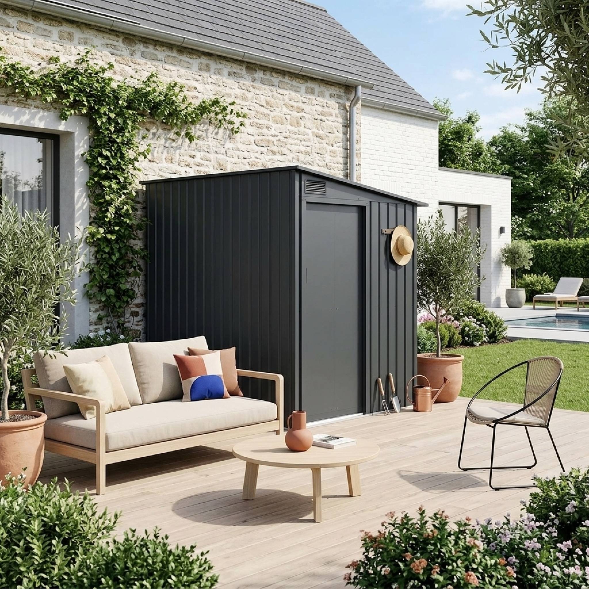 sweeek - Abri de jardin adossable acier galvanisé 2.91m² avec porte coulissante et kit d'ancrage anthracite - Bray | sweeek - Image 3