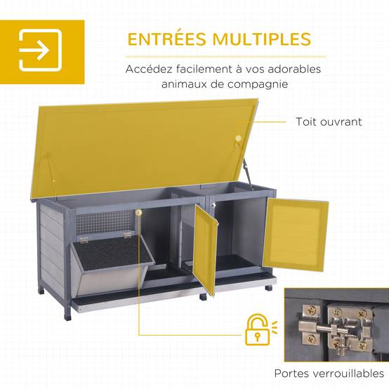 Clapier sur pied avec toit bitumé ouvrant 2 portes verrouillables dim. 112L x 50l x 54H cm gris et noir - Image 7