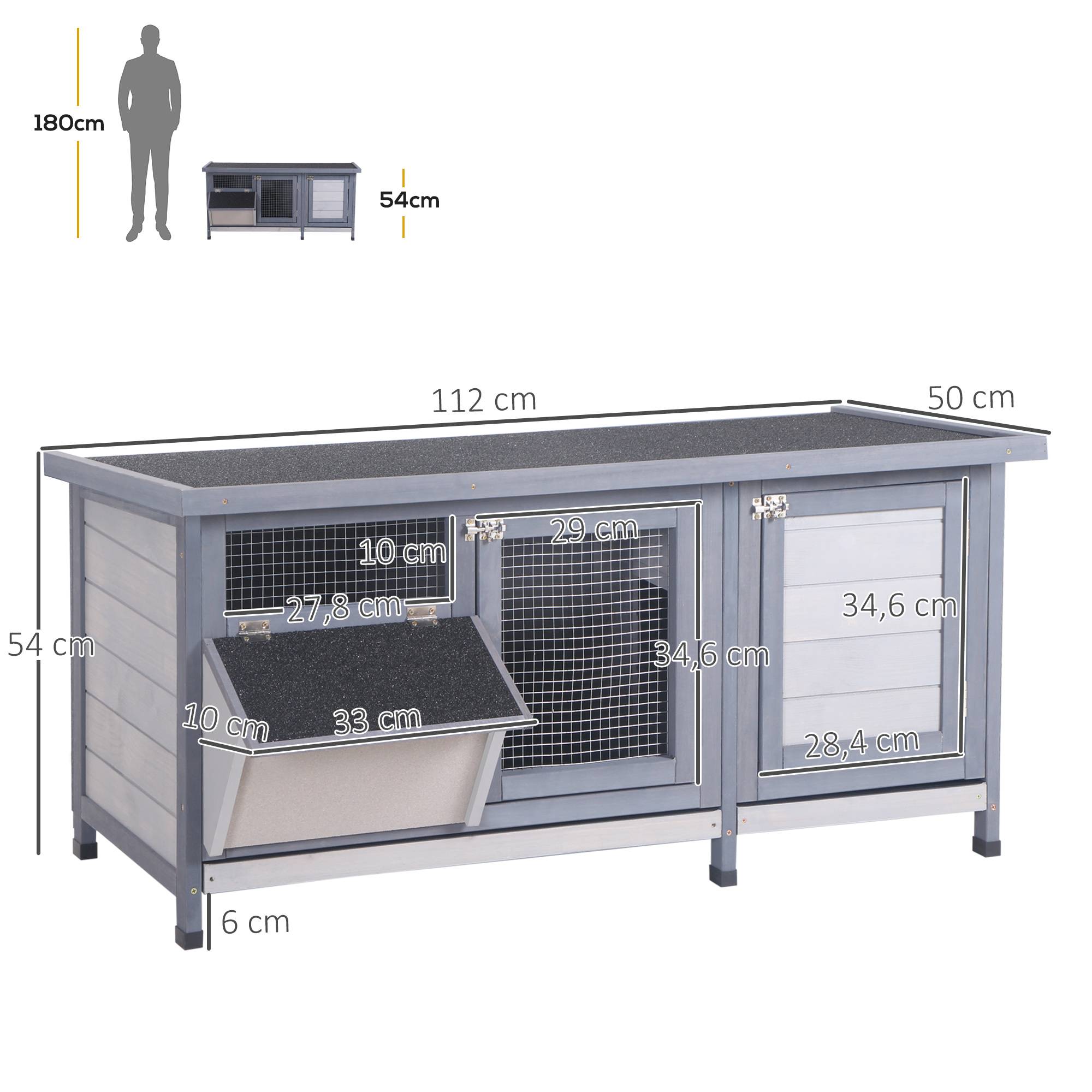 Clapier sur pied avec toit bitumé ouvrant 2 portes verrouillables dim. 112L x 50l x 54H cm gris et noir - Image 5