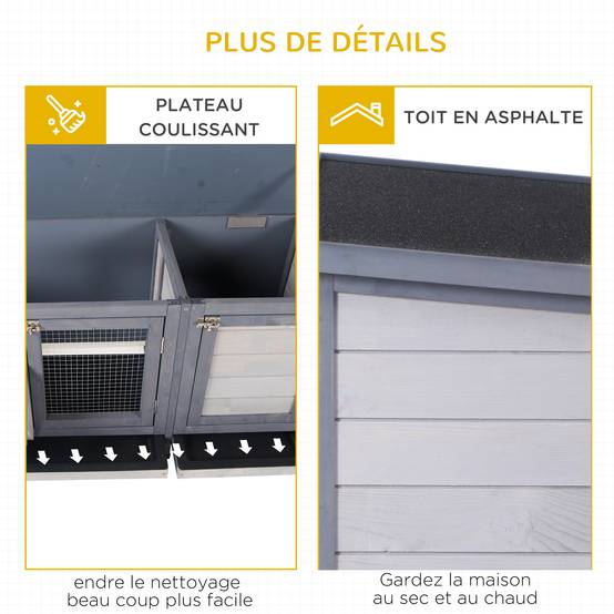 Clapier sur pied avec toit bitumé ouvrant 2 portes verrouillables dim. 112L x 50l x 54H cm gris et noir - Image 9
