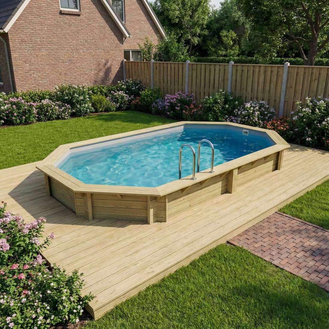 Altanka - Piscine hors sol en bois NEMO 5.79 x 3.49 - H.1.45 m, gris clair, cadre en métal - sans dalle - BAS7304OSPU2 - ALTANKA - Image 3