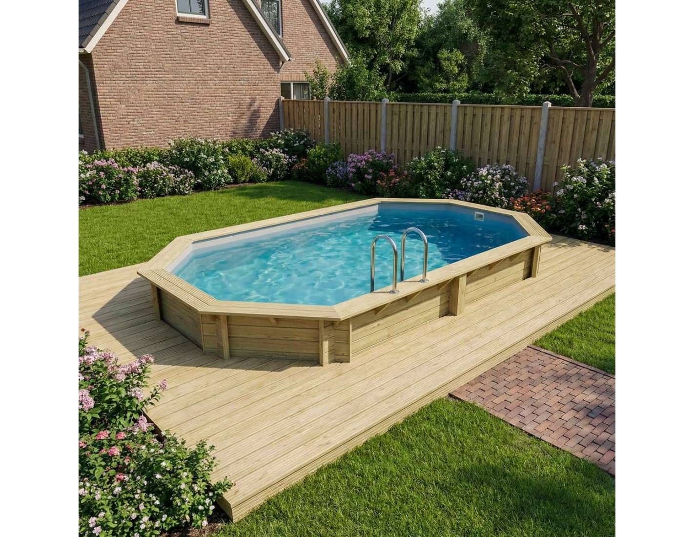 Altanka - Piscine hors sol en bois NEMO 5.79 x 3.49 - H.1.45 m, gris clair, cadre en métal - sans dalle - BAS7304OSPU2 - ALTANKA - Image 3