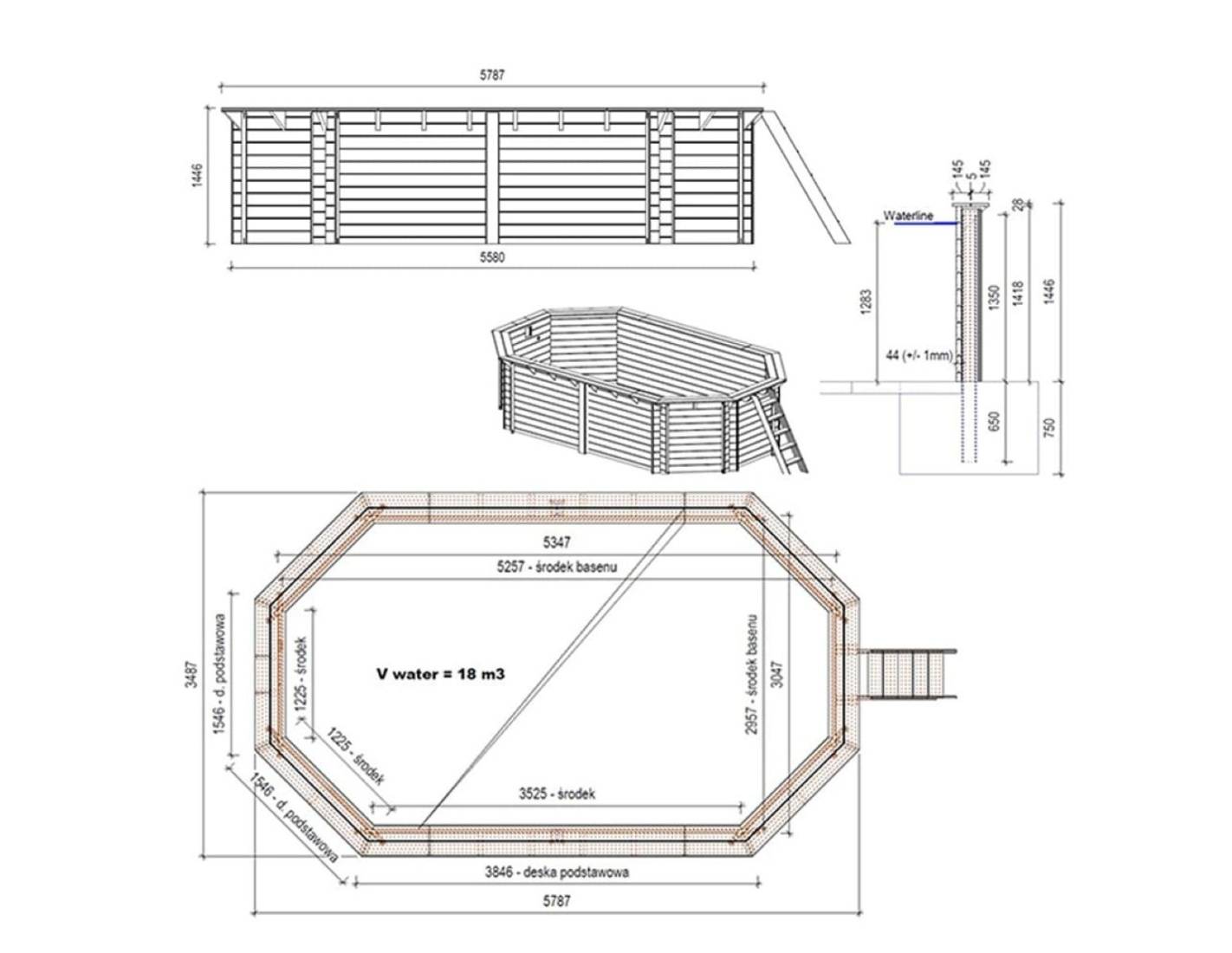 Altanka - Piscine hors sol en bois NEMO 5.79 x 3.49 - H.1.45 m, gris clair, cadre en métal - sans dalle - BAS7304OSPU2 - ALTANKA - Image 4