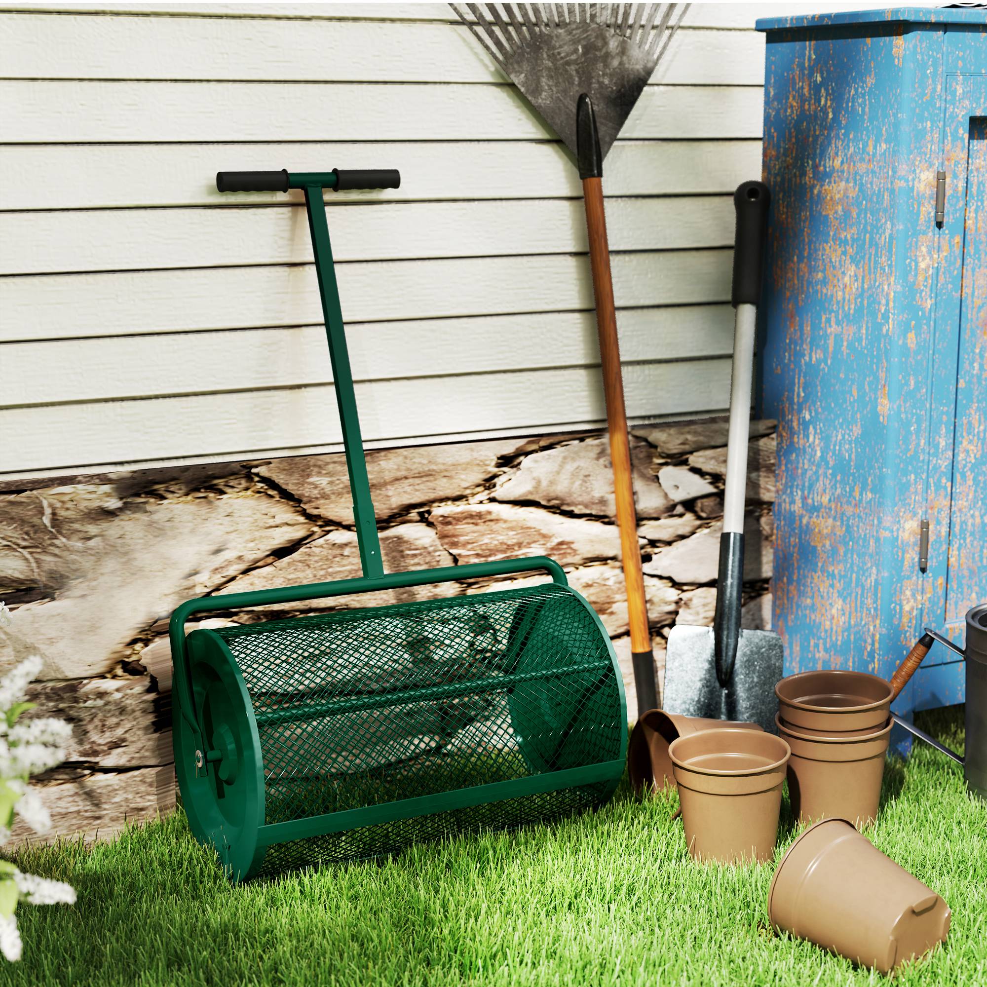 ComfortXL - Épandeur compost métal vert 75 L tambour 61 x 40 cm jardin pelouse poignée réglable distribution uniforme - Image 9