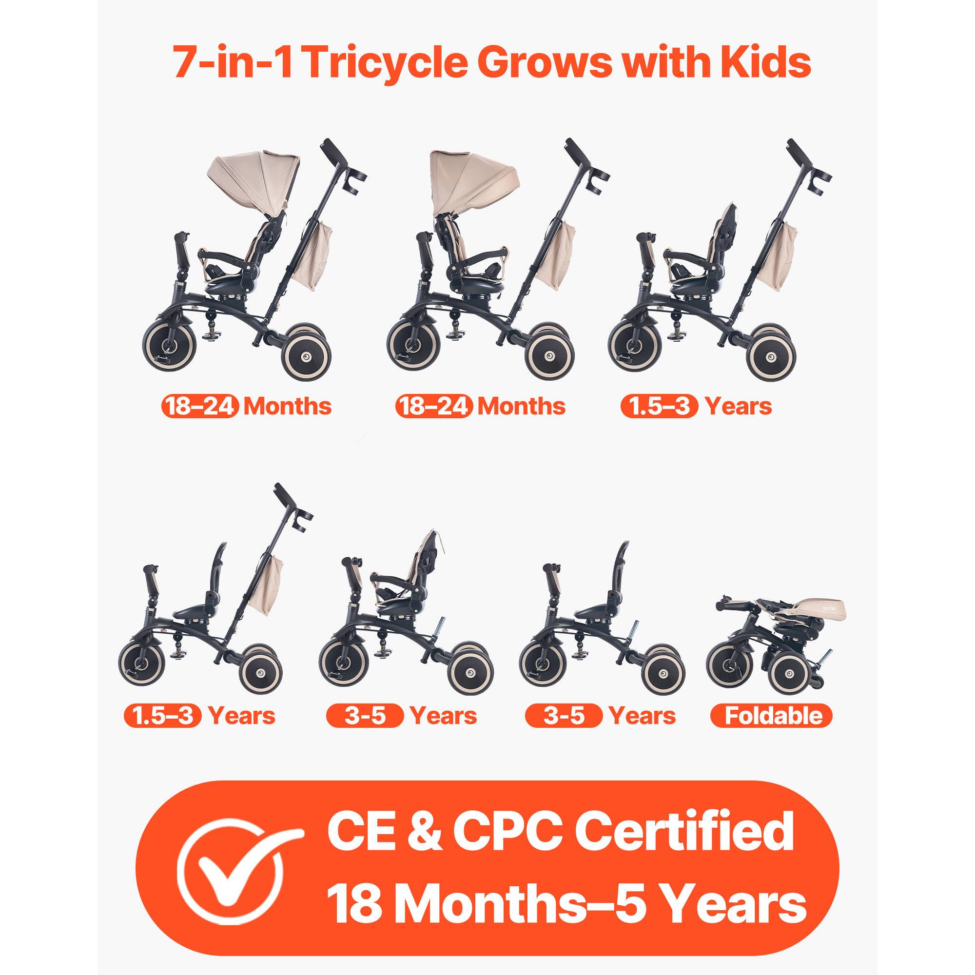 SucceBuy Tricycle évolutif 7 en 1, 18 mois–5 ans, pliable, canne réglable 3 niveaux, siège rotatif, capote et sac amovibles. - Image 2