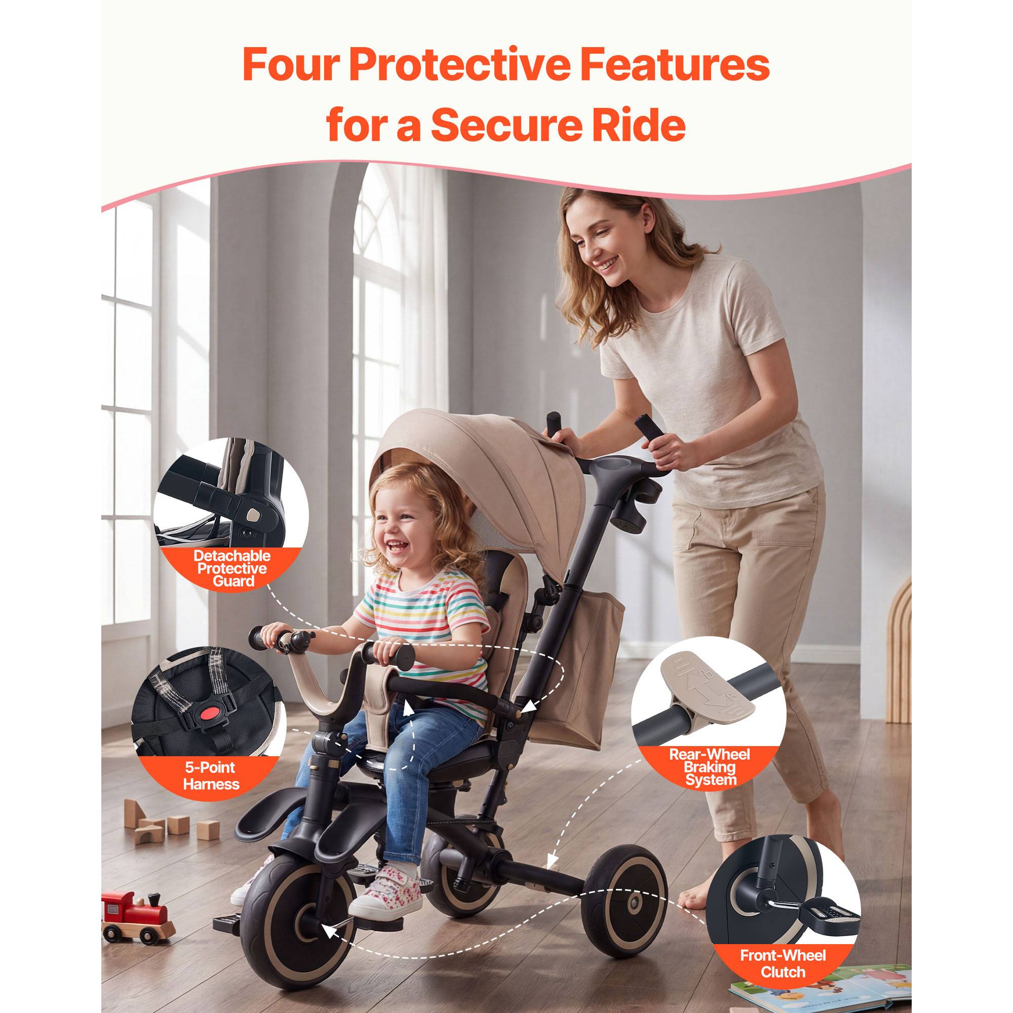 SucceBuy Tricycle évolutif 7 en 1, 18 mois–5 ans, pliable, canne réglable 3 niveaux, siège rotatif, capote et sac amovibles. - Image 3