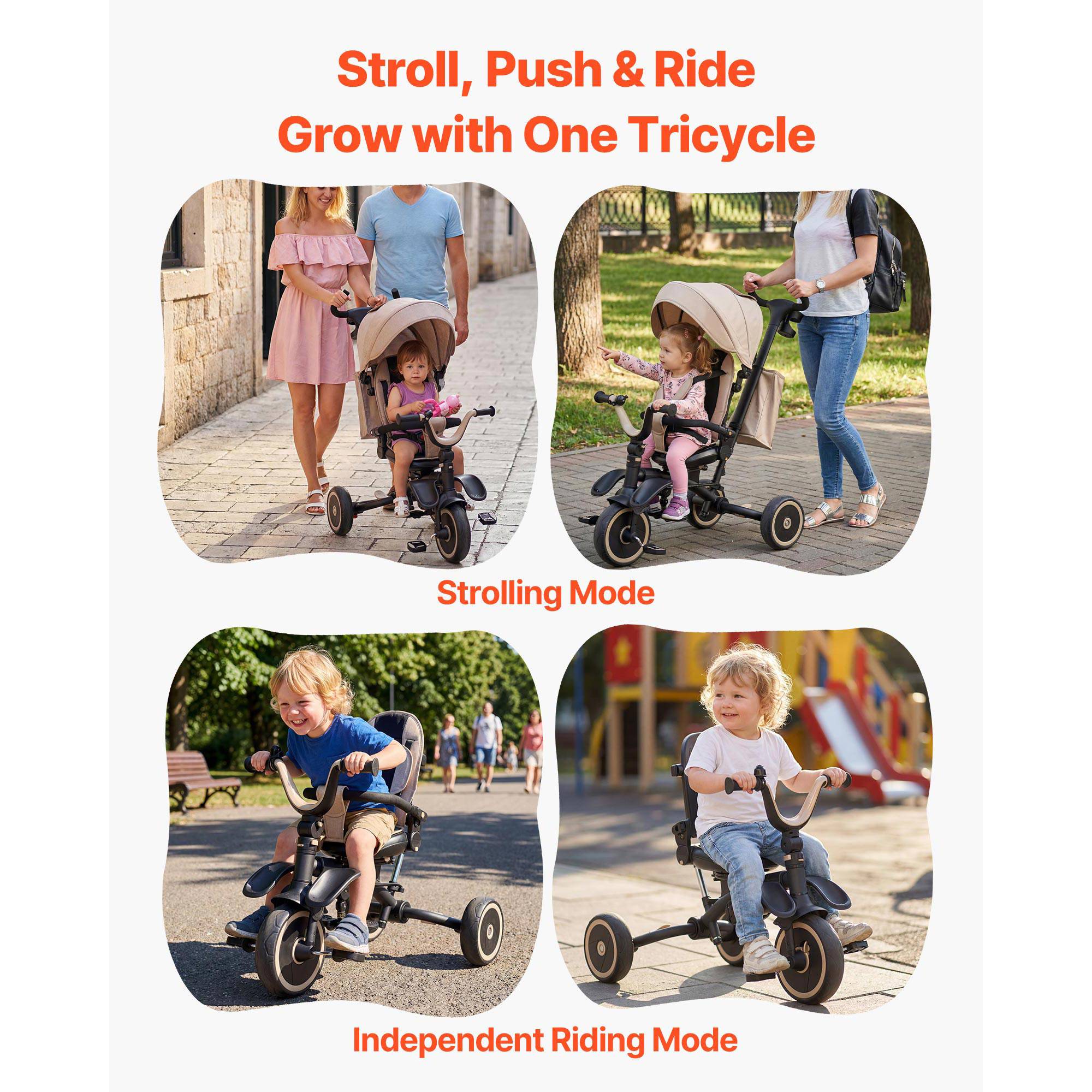 SucceBuy Tricycle évolutif 7 en 1, 18 mois–5 ans, pliable, canne réglable 3 niveaux, siège rotatif, capote et sac amovibles. - Image 6