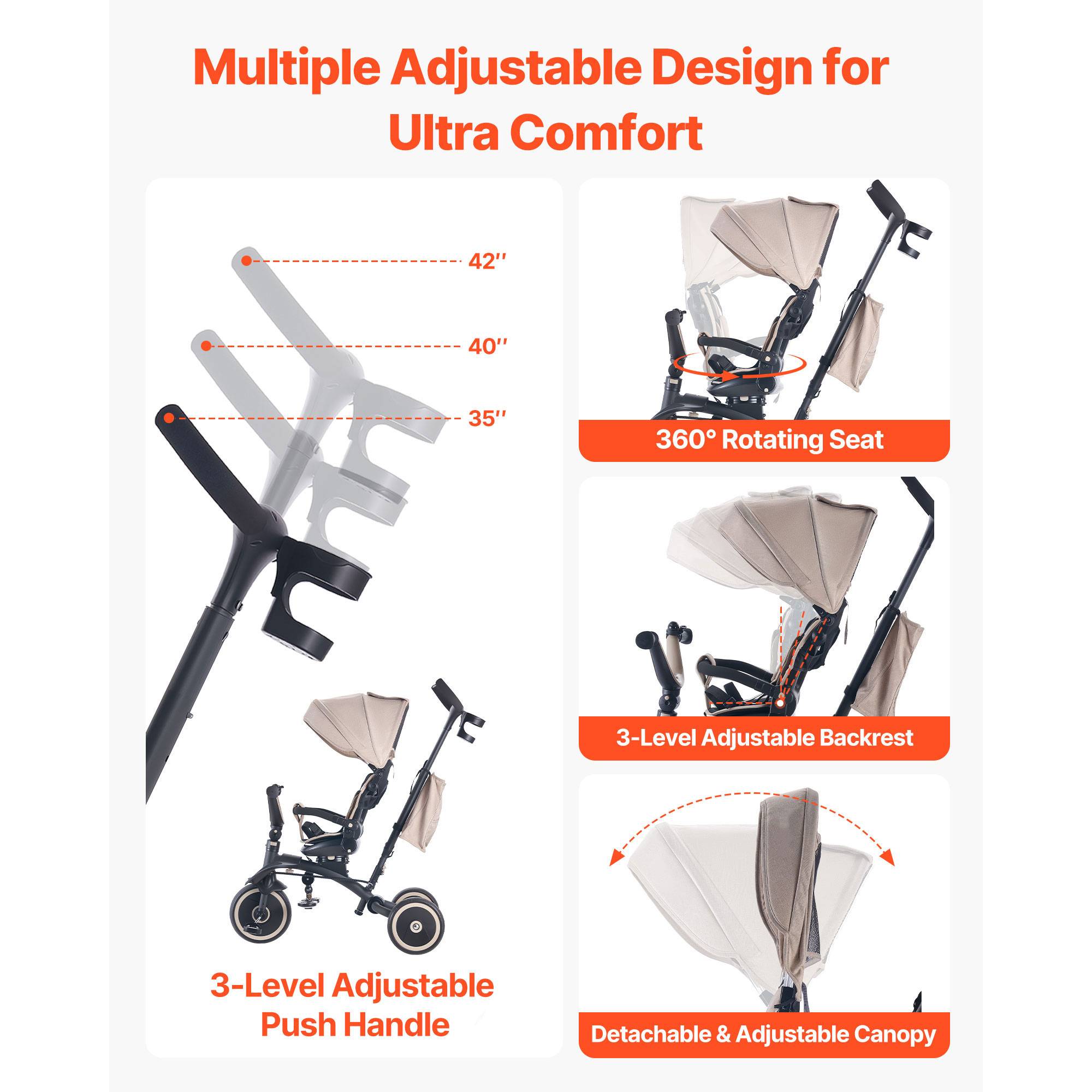 SucceBuy Tricycle évolutif 7 en 1, 18 mois–5 ans, pliable, canne réglable 3 niveaux, siège rotatif, capote et sac amovibles. - Image 4