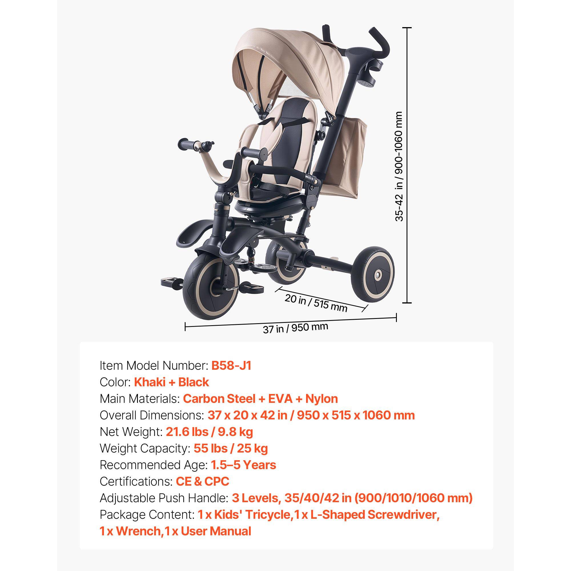 SucceBuy Tricycle évolutif 7 en 1, 18 mois–5 ans, pliable, canne réglable 3 niveaux, siège rotatif, capote et sac amovibles. - Image 7