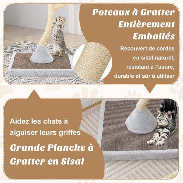 Helloshop26 - Arbre à chat 178 cm avec cadre en métal incurvé tour à chat avec 3 balles suspendues 3 perchoirs griffoir en sisal gris - Image 4