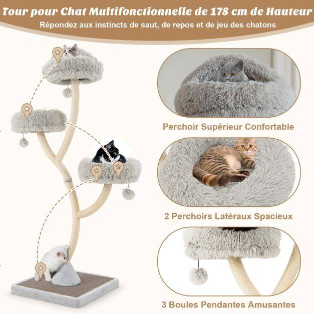Helloshop26 - Arbre à chat 178 cm avec cadre en métal incurvé tour à chat avec 3 balles suspendues 3 perchoirs griffoir en sisal gris - Image 2