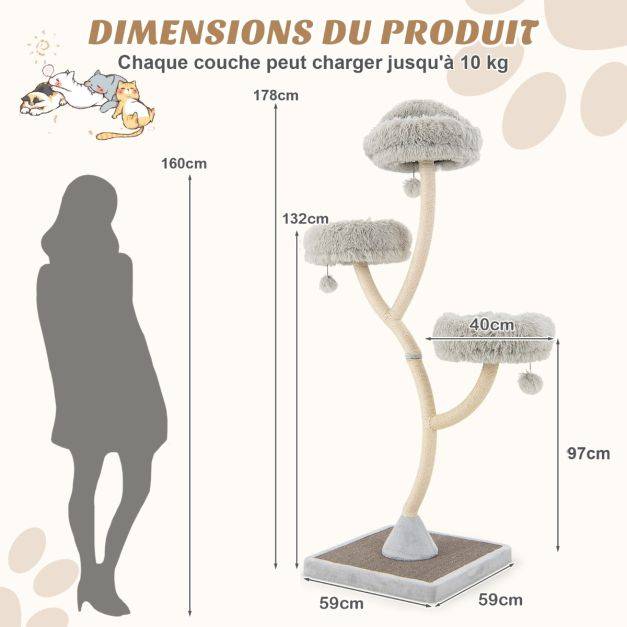Helloshop26 - Arbre à chat 178 cm avec cadre en métal incurvé tour à chat avec 3 balles suspendues 3 perchoirs griffoir en sisal gris - Image 3