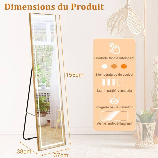 Helloshop26 - Miroir pleine longueur avec lumières led miroir éclairé par led cadre en aluminium intensité variable éclairage 3 couleurs or - Image 8