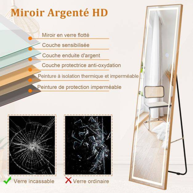 Helloshop26 - Miroir pleine longueur avec lumières led miroir éclairé par led cadre en aluminium intensité variable éclairage 3 couleurs or - Image 4