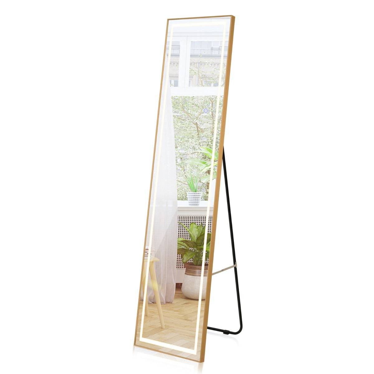 Helloshop26 - Miroir pleine longueur avec lumières led miroir éclairé par led cadre en aluminium intensité variable éclairage 3 couleurs or - Image 2