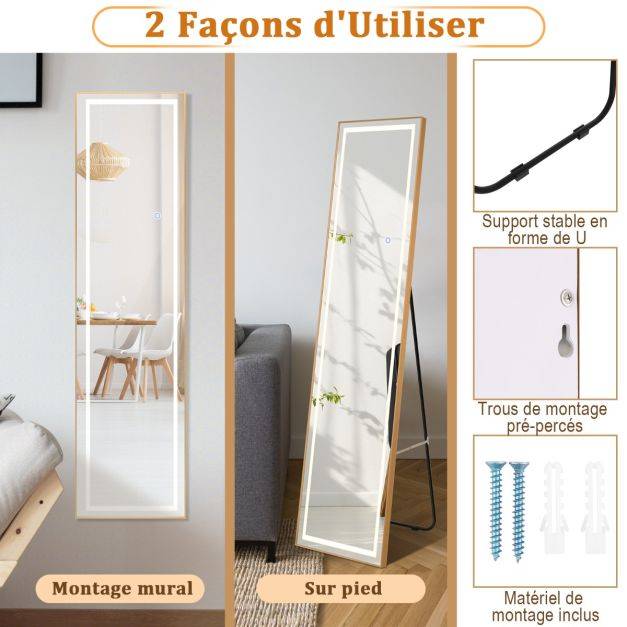 Helloshop26 - Miroir pleine longueur avec lumières led miroir éclairé par led cadre en aluminium intensité variable éclairage 3 couleurs or - Image 5