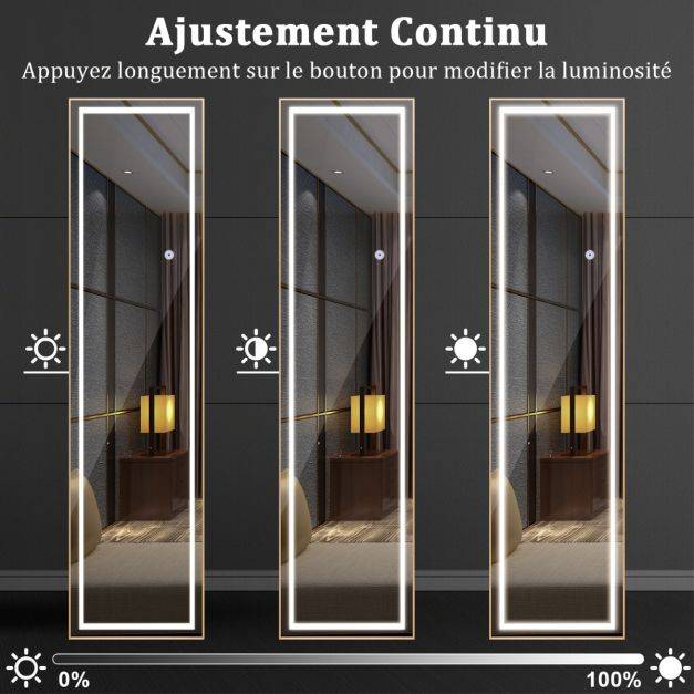 Helloshop26 - Miroir pleine longueur avec lumières led miroir éclairé par led cadre en aluminium intensité variable éclairage 3 couleurs or - Image 7