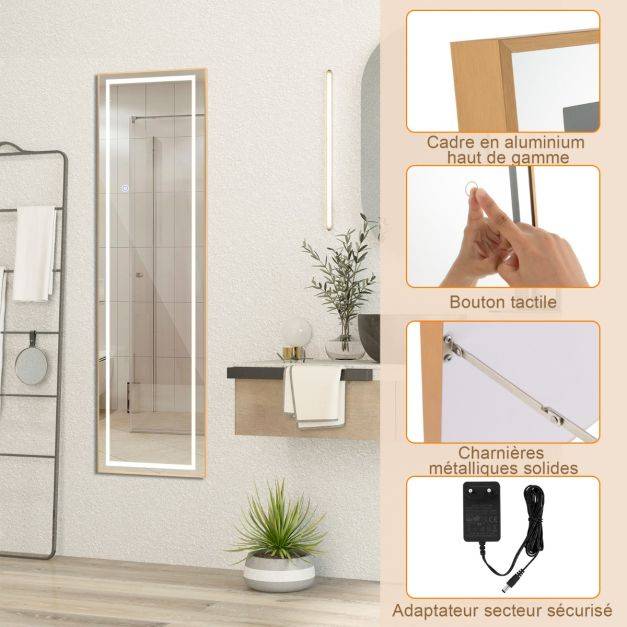 Helloshop26 - Miroir pleine longueur avec lumières led miroir éclairé par led cadre en aluminium intensité variable éclairage 3 couleurs or - Image 3