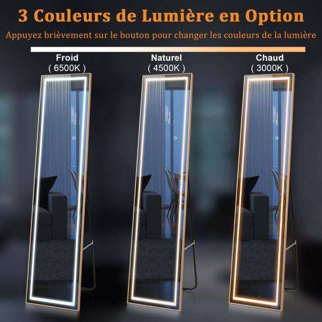 Helloshop26 - Miroir pleine longueur avec lumières led miroir éclairé par led cadre en aluminium intensité variable éclairage 3 couleurs or - Image 6