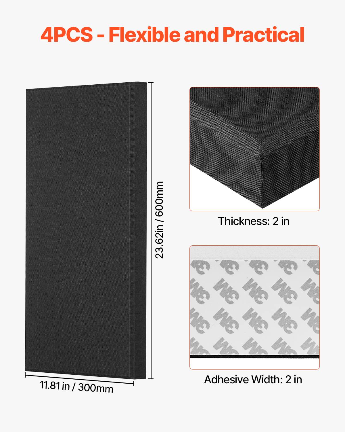 Vevor - VEVOR Panneaux Acoustiques Muraux Autocollants, Lot de 4, Fibre de verre 60x30x5 cm, NRC 0,95, Pose sans perçage, Noir. - Image 5