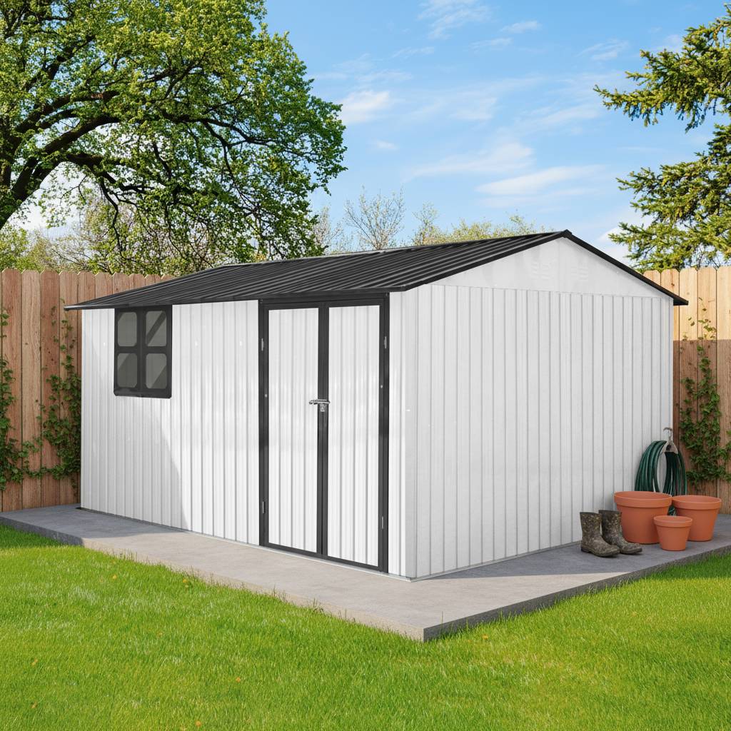 Abri de jardin métal extérieur avec établi et étagères 10,34m² Blanc Noir - ComfortXL Outdoor Living - Image 9