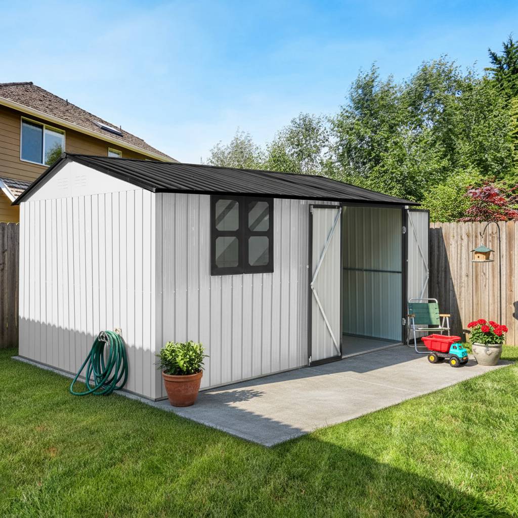 Abri de jardin métal extérieur avec établi et étagères 10,34m² Blanc Noir - ComfortXL Outdoor Living - Image 1
