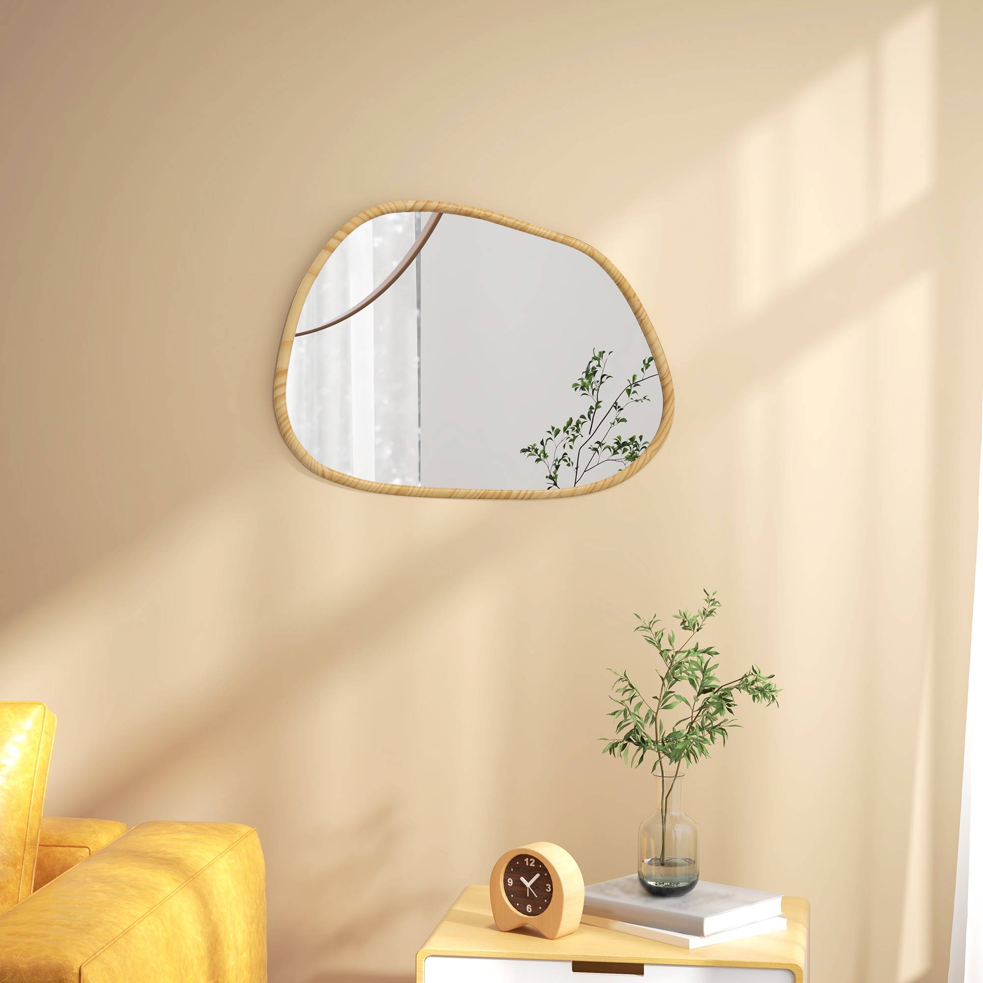 Sans Marque - Miroir mural décoratif forme organique cadre bois horizontal vertical 70x50 cm naturel - Image 3