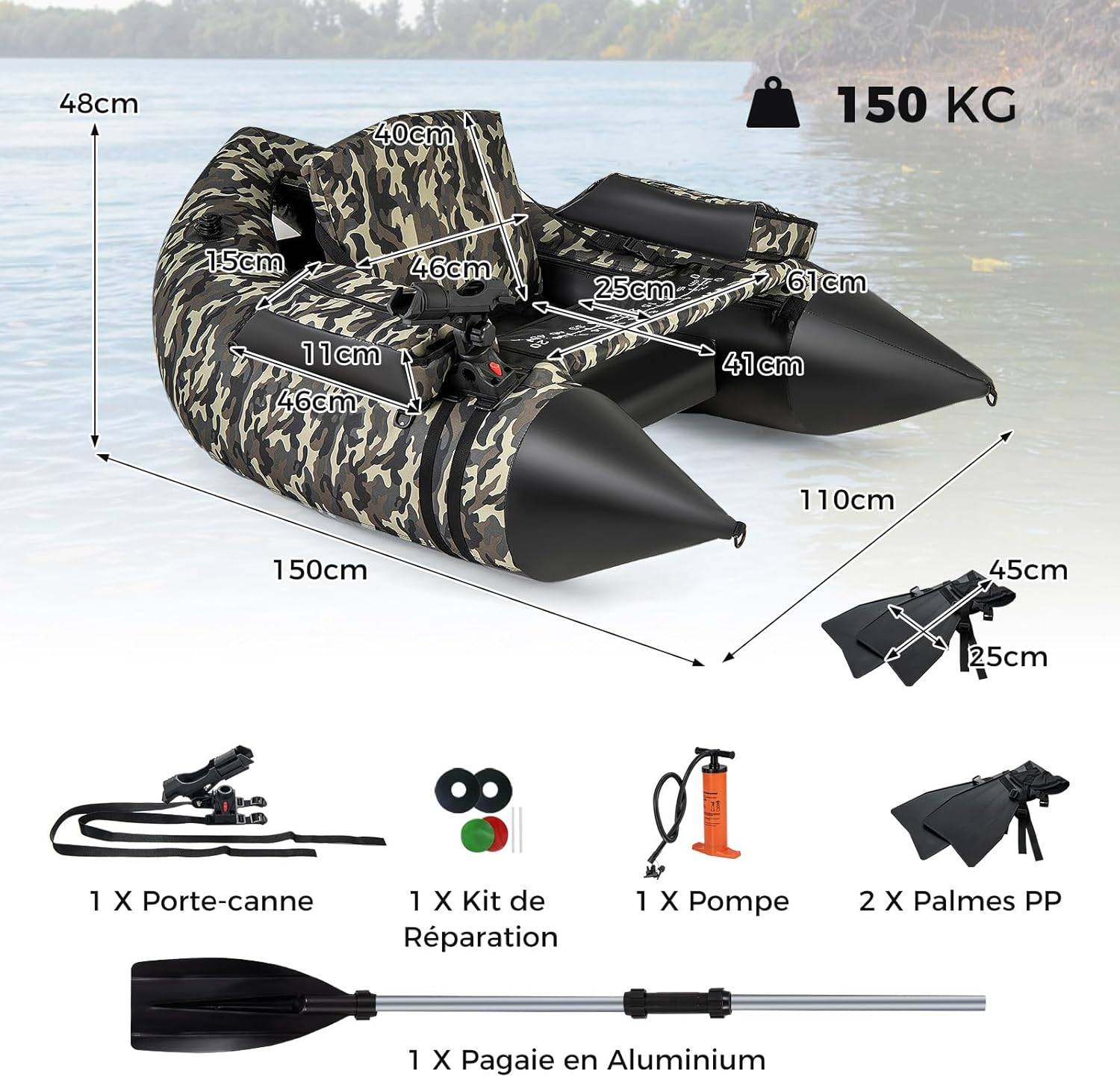 Bateau de Pêche Gonflable avec Dossier Pagaie, Bateau Gonflable avec Règle à Poisson Support de Canne Poches de Rangement Palmes Pompe - Image 5