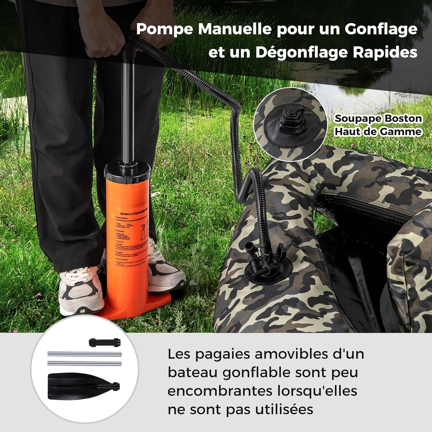 Bateau de Pêche Gonflable avec Dossier Pagaie, Bateau Gonflable avec Règle à Poisson Support de Canne Poches de Rangement Palmes Pompe - Image 9