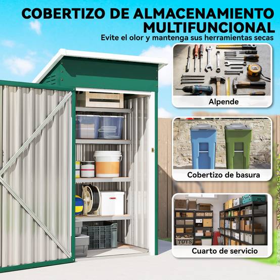 Abri de jardin extérieur en métal de 0,74 m² (107,5 x 91 x 185 cm) avec toit incliné, porte verrouillable et ventilation - Vert - Image 6