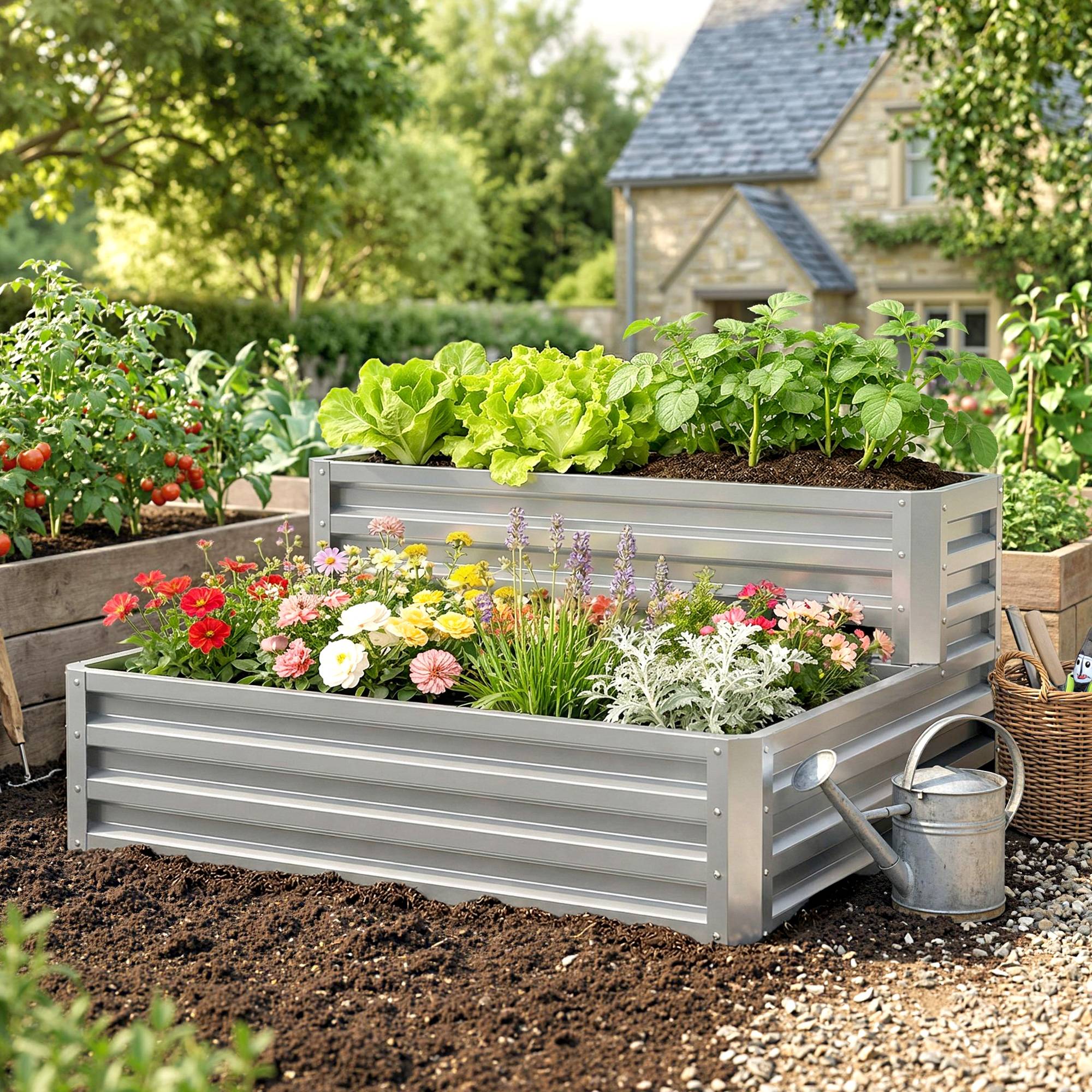 Carré Potager surélevé 2 Niveaux Acier Galvanisé pour Jardin Drainage optimal 120x101 cm Argenté - ComfortXL Outdoor Living - Image 4