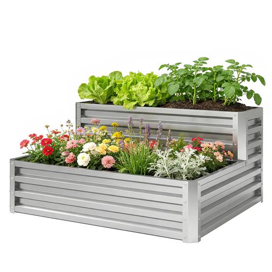Carré Potager surélevé 2 Niveaux Acier Galvanisé pour Jardin Drainage optimal 120x101 cm Argenté - ComfortXL Outdoor Living - Image 2