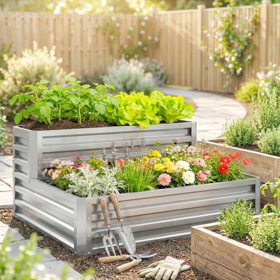 Carré Potager surélevé 2 Niveaux Acier Galvanisé pour Jardin Drainage optimal 120x101 cm Argenté - ComfortXL Outdoor Living - Image 3