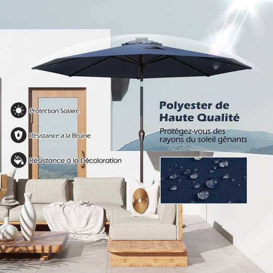Parasol Inclinable Dia.300cm LED Dolaire en Scier Toile Polyester pour Jardin Terrasse Bleu Foncé - Image 5