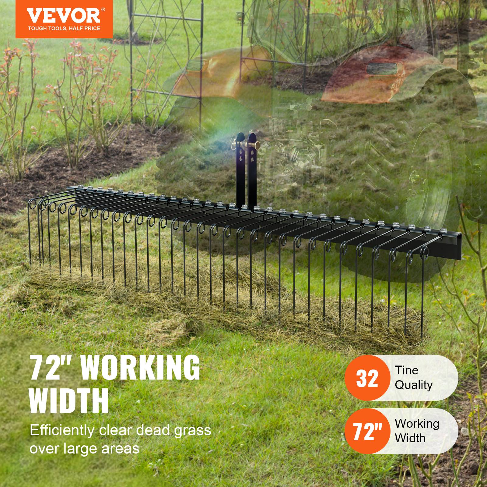 VEVOR Rateau paysager remorque, 1830 mm, 32 dents acier. Pour tracteur, feuilles, herbe. - Image 2