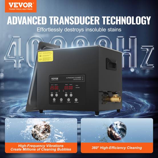 VEVOR Nettoyeur ultrasons numérique 10L, 240W, mode doux/dégazage, chauffage/minuterie, pour prothèses, bijoux, outils. - Image 2