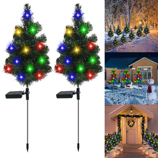 Paquet de 2 lumières solaires sur piquet de jardin de noël, lumière décorative d'arbre de noël, lumières solaires de chemin de noël, décoration - Image 1