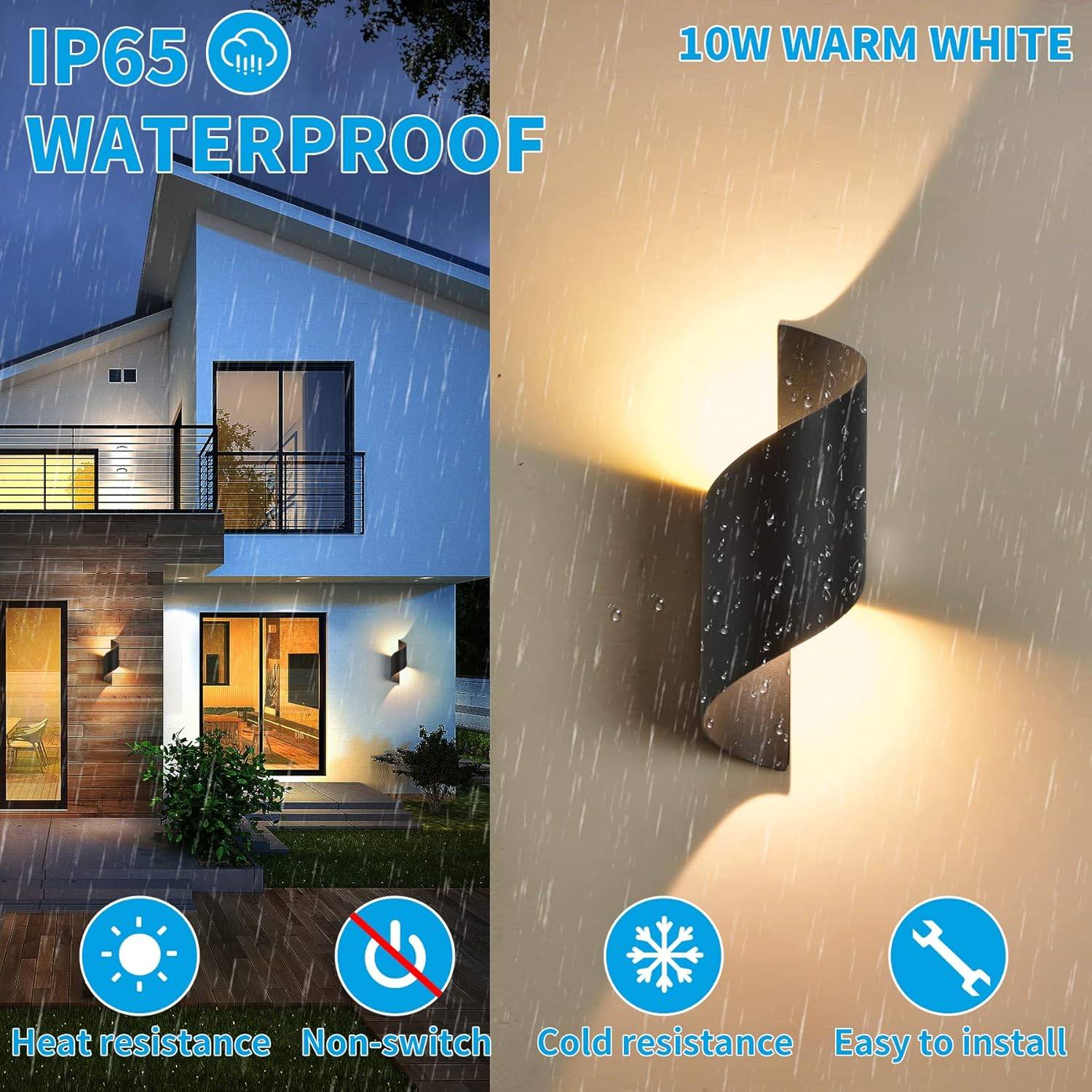 8 in 1 - Applique murale LED intérieure/extérieure 10W 3000K blanc chaud, style moderne, éclairage vers le haut et vers le bas, étanche IP65. - Image 3
