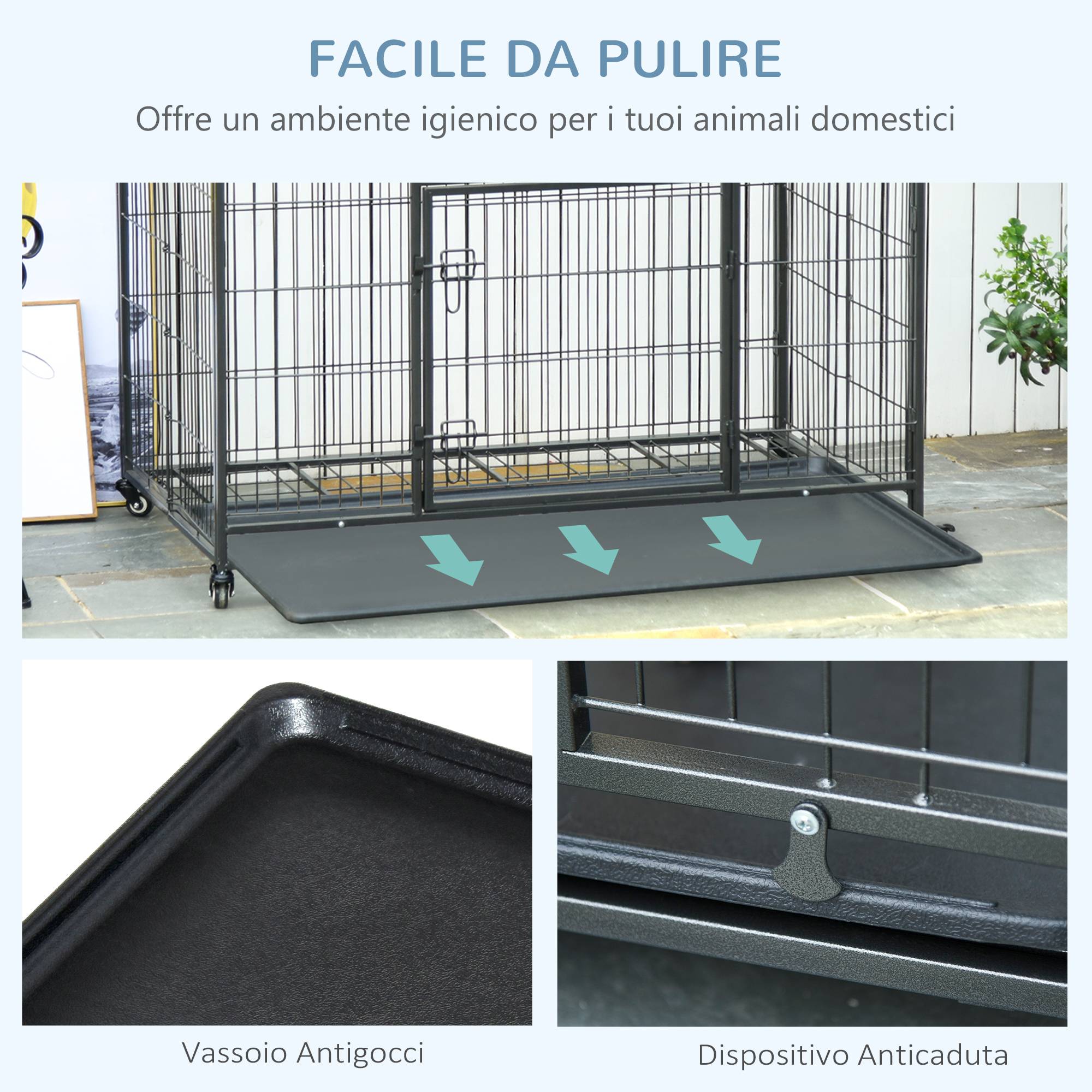 Cage de transport pliable pour chien avec double porte verrouillable, 4 roues avec freins et fond amovible, 94 x 58 x 69,5 cm, grise - Image 7